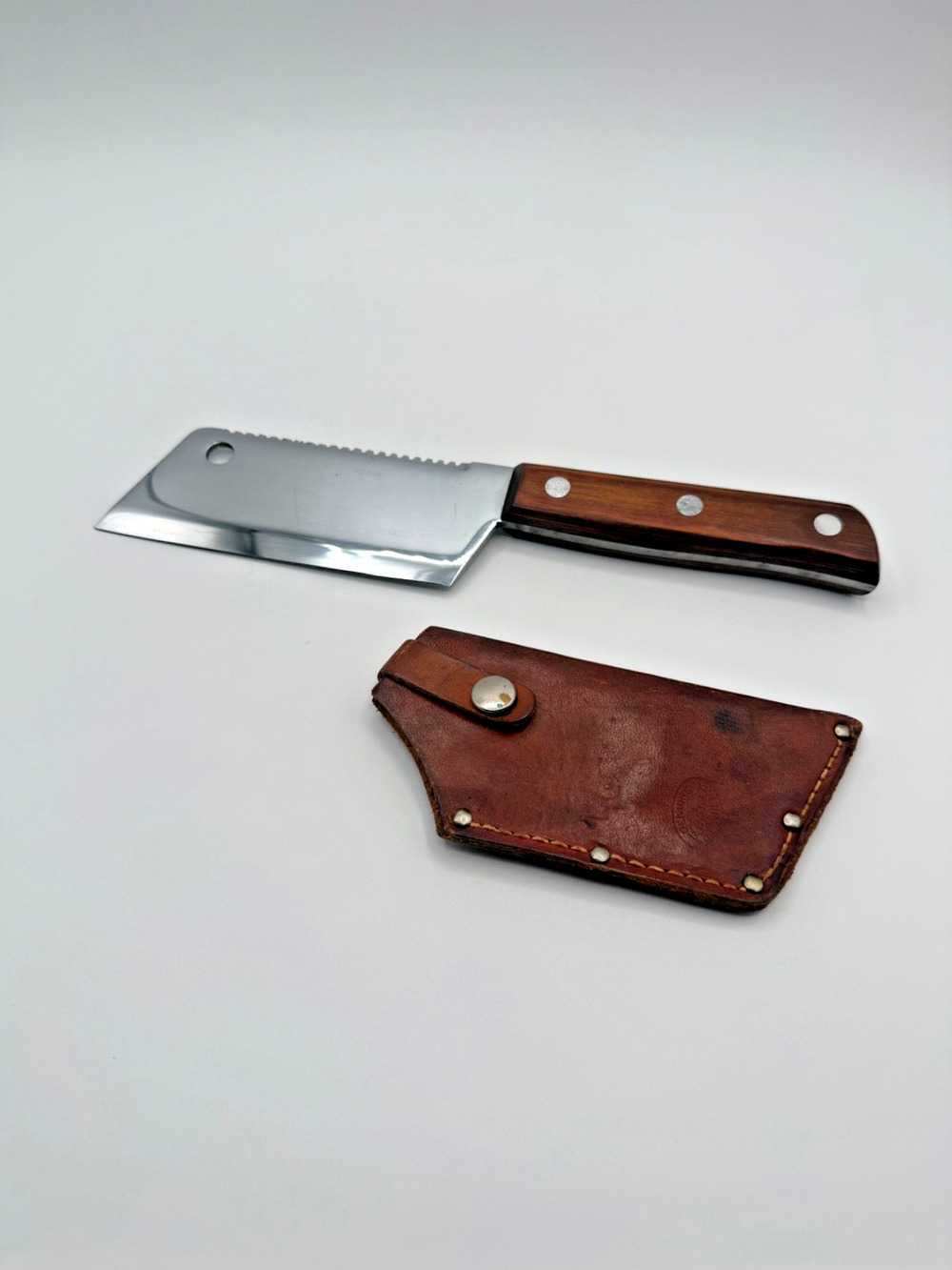Vintage 1970s KA-BAR Field Cleaver Knife Wood Handle Leather Sheath 9.5"